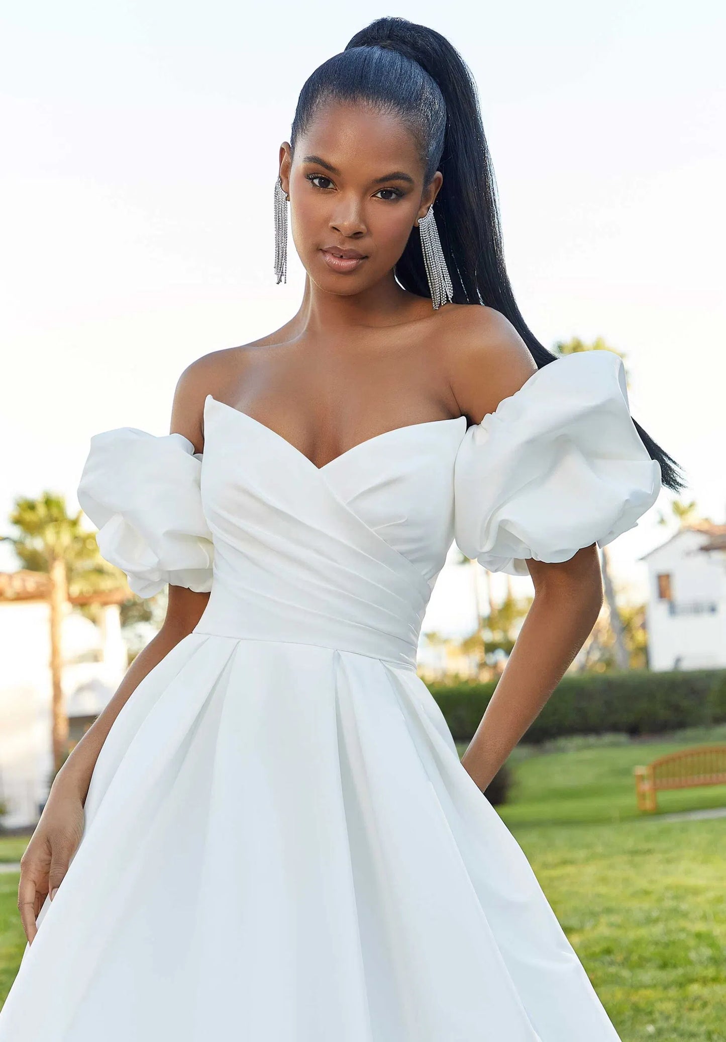 Fashion Strapless Satin A Line Open Back Long Train Detachable Sleeves White Wedding Dress