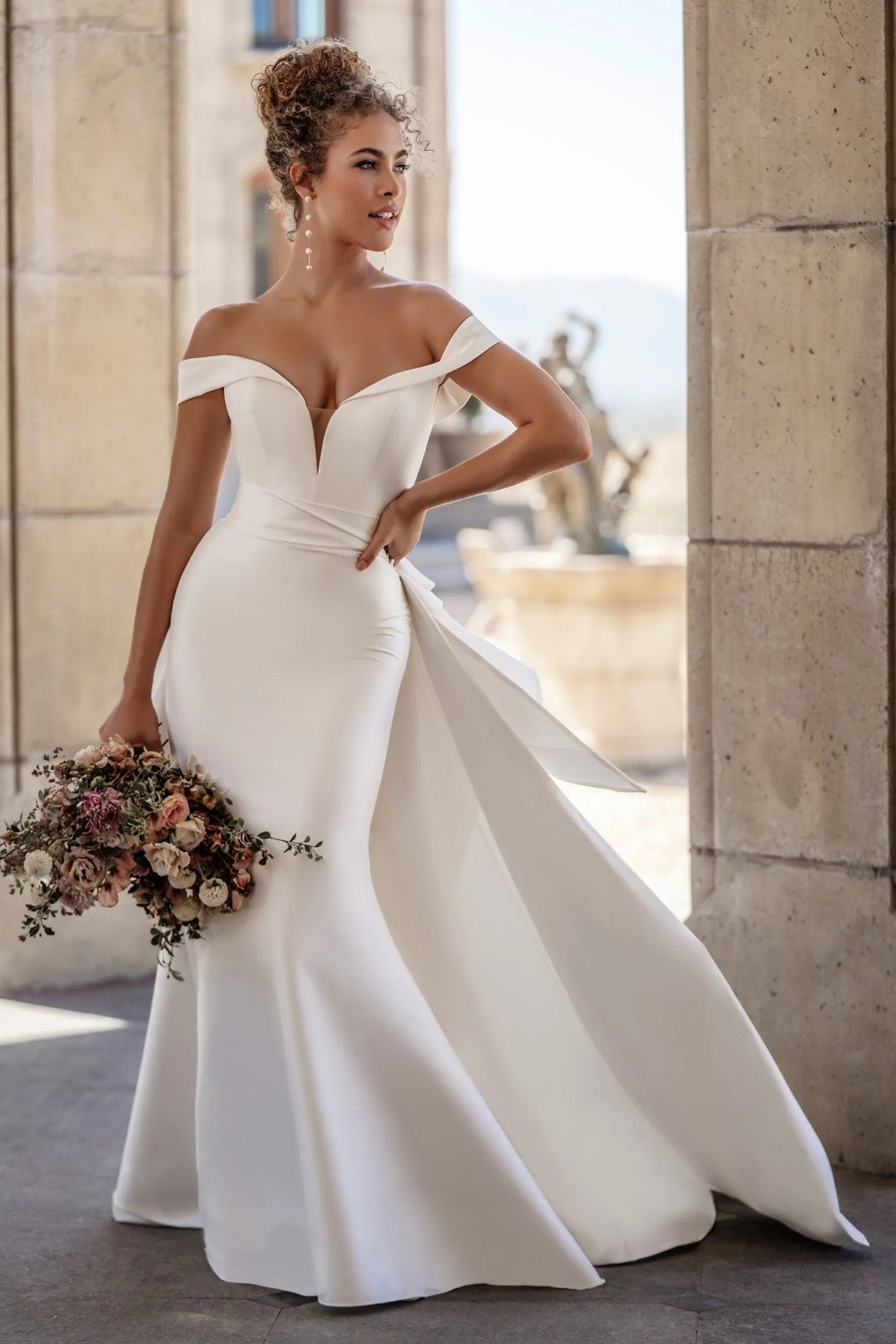 Fashion off Shoulder Plunging V Neck Satin Detachable Long Train Mermaid Wedding Dresses