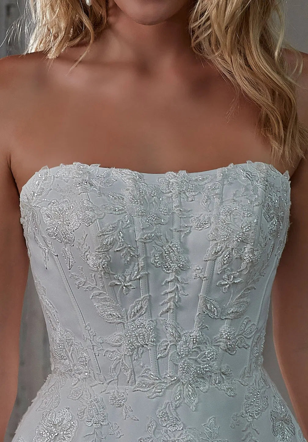 Strapless A Line Long Train Beaded Lace Low Back Handmade Wedding Dresses