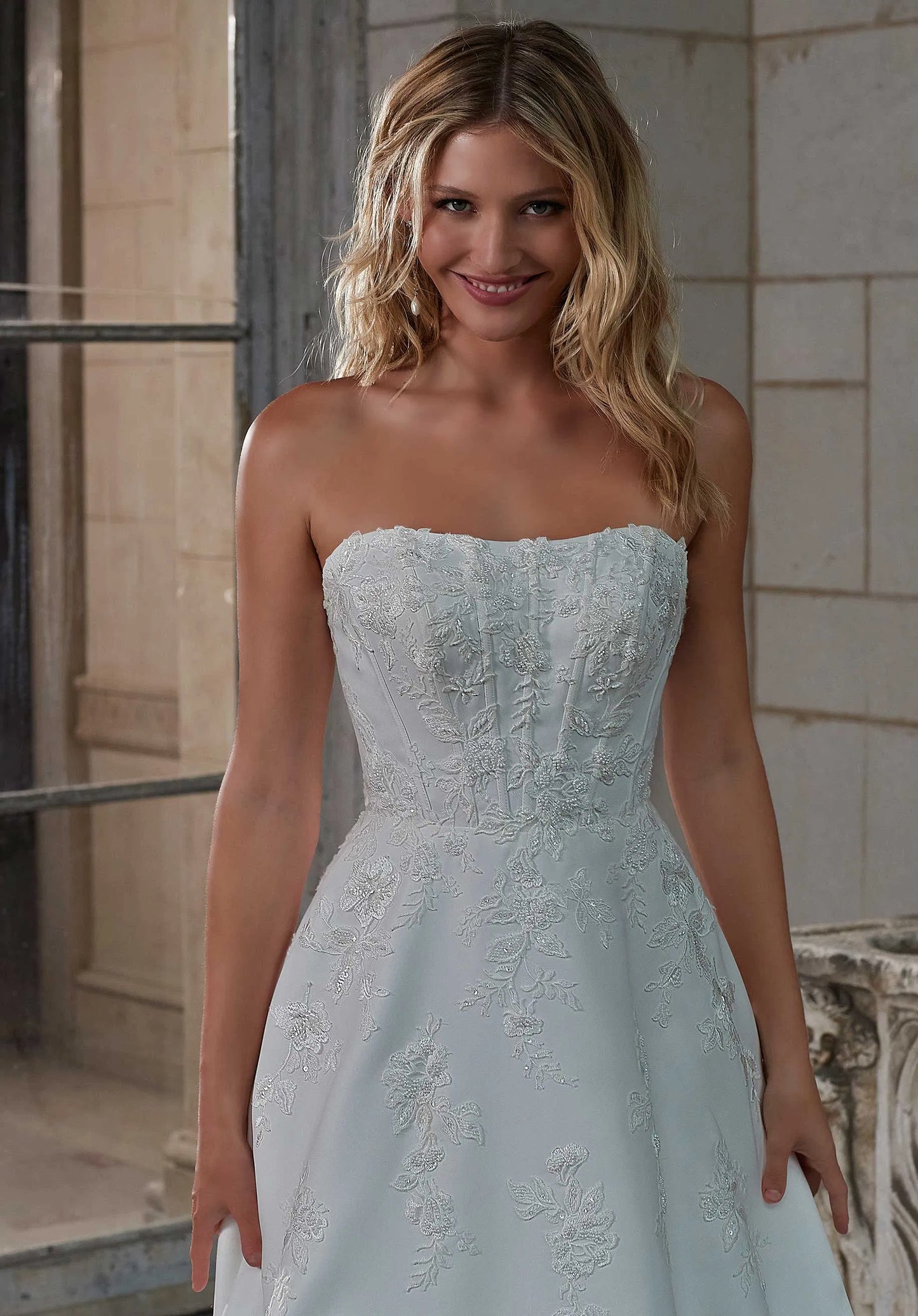 Strapless A Line Long Train Beaded Lace Low Back Handmade Wedding Dresses