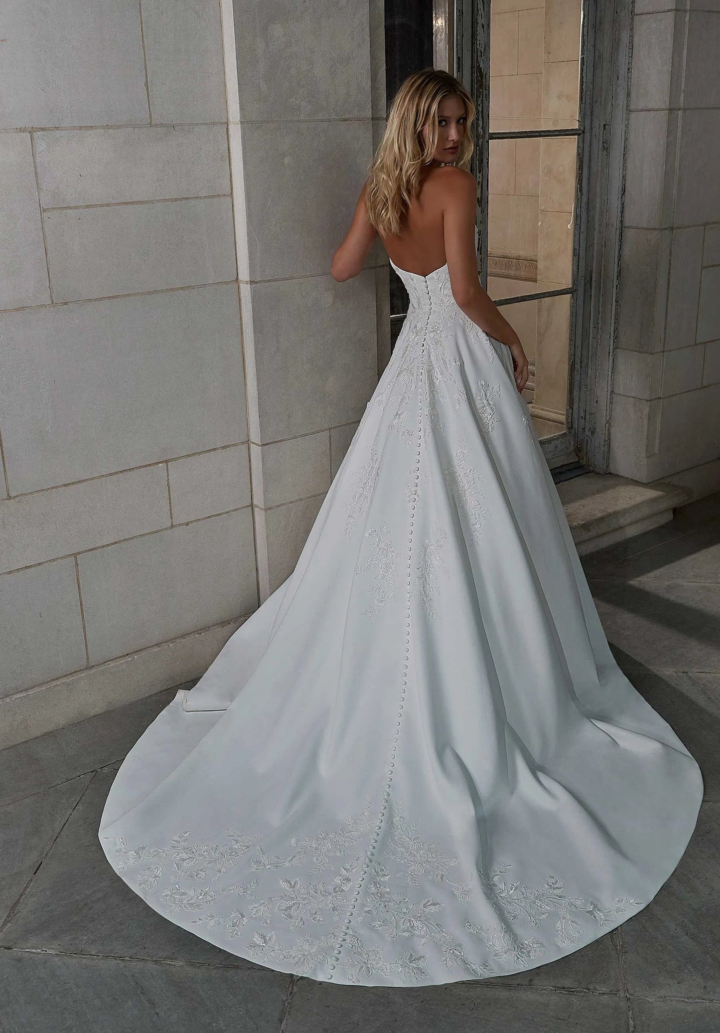 Strapless A Line Long Train Beaded Lace Low Back Handmade Wedding Dresses