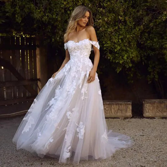 Lace Bridal Gowns off Shoulder Appliques Tulle Garden Wedding Dress Lb20319