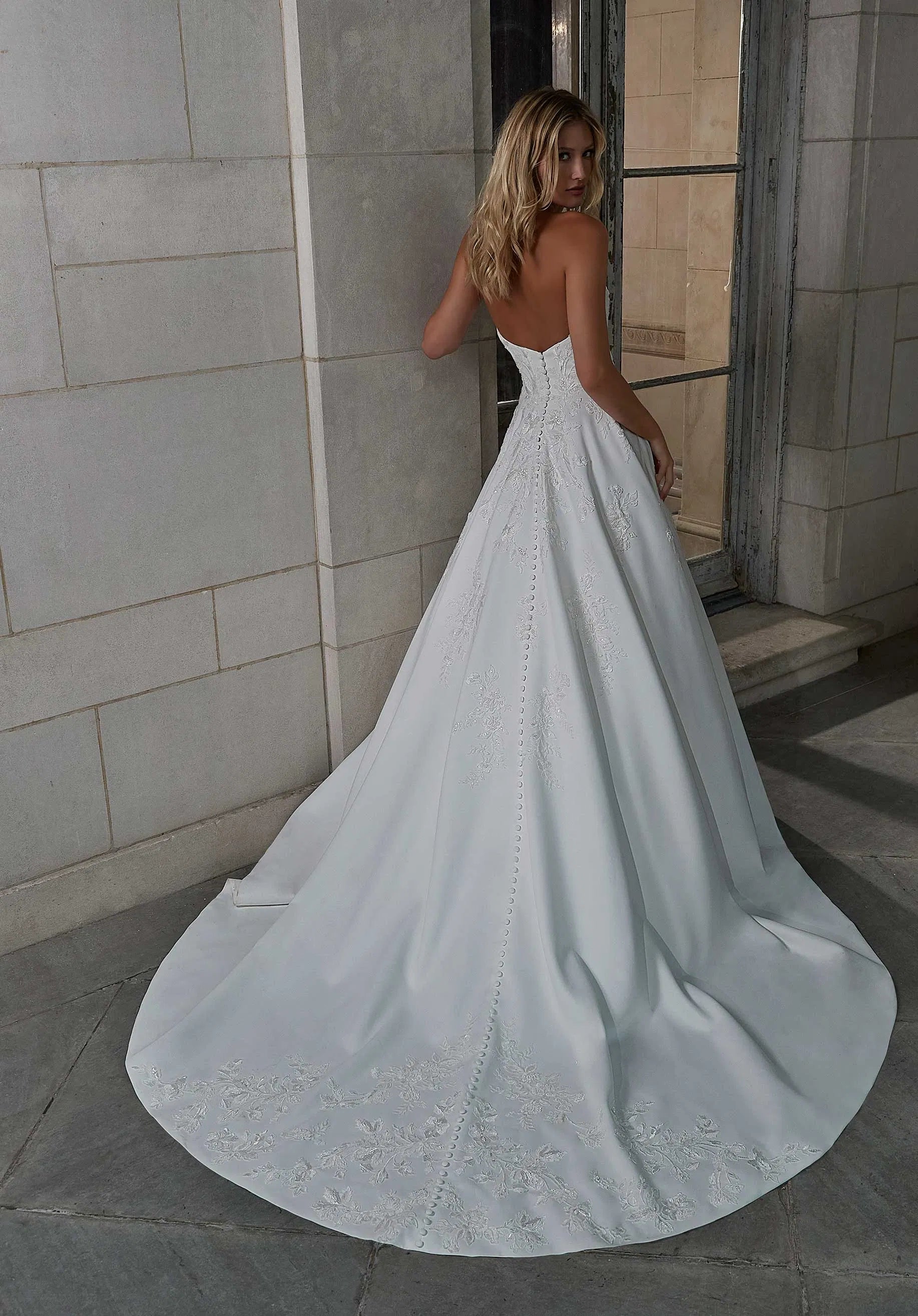 Strapless A Line Long Train Beaded Lace Low Back Handmade Wedding Dresses