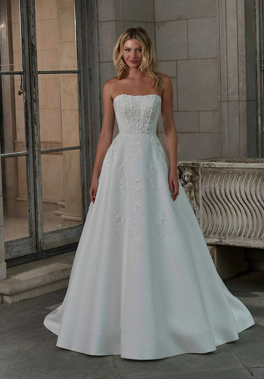 Strapless A Line Long Train Beaded Lace Low Back Handmade Wedding Dresses
