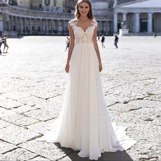 A-line Chiffon V-Neck Long Sleeve Wedding Dress